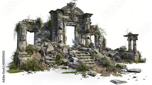 A ruined building with a stone archway and a stone staircase leading up to it © AnuStudio