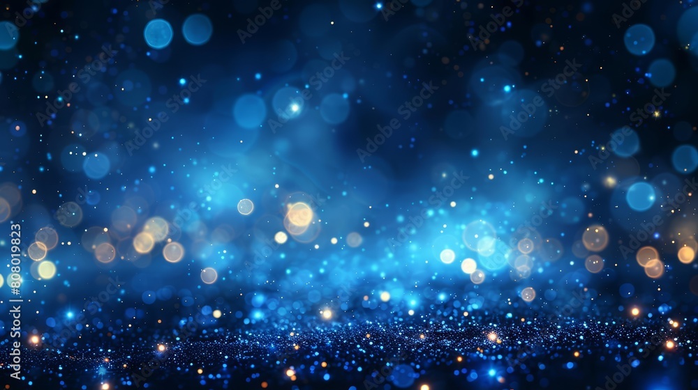 Abstract blue bokeh lights background with glowing particles and stars on dark night