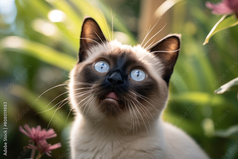 Close-up portrait photography of a cute siamese cat scratching while standing against garden backdrop