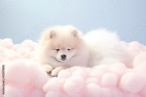 A kawaii 3Drendered furry dog dozing on a fluffy pastel cloud, hyperrealistic, ethereal, isolated on white