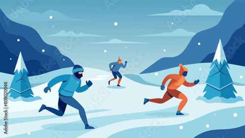In a desolate tundra runners battle icy winds and snowcovered paths their bodies bundled up against the freezing temperatures.. Vector illustration