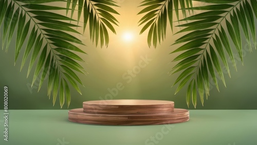Summer podium, showcase in tropical palm leaves. Wooden stand, display on green background with sunlight for advertising products. Natural eco background. © Wildan