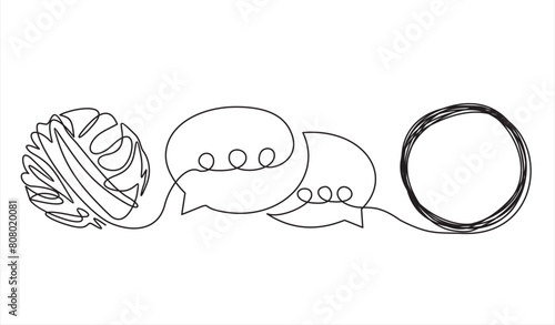 Continuous one line drawing of chaos and speech bubble. Metaphor of disorganized difficult problem, mess with black single continuous tangle thread in need of unraveling isolated on white