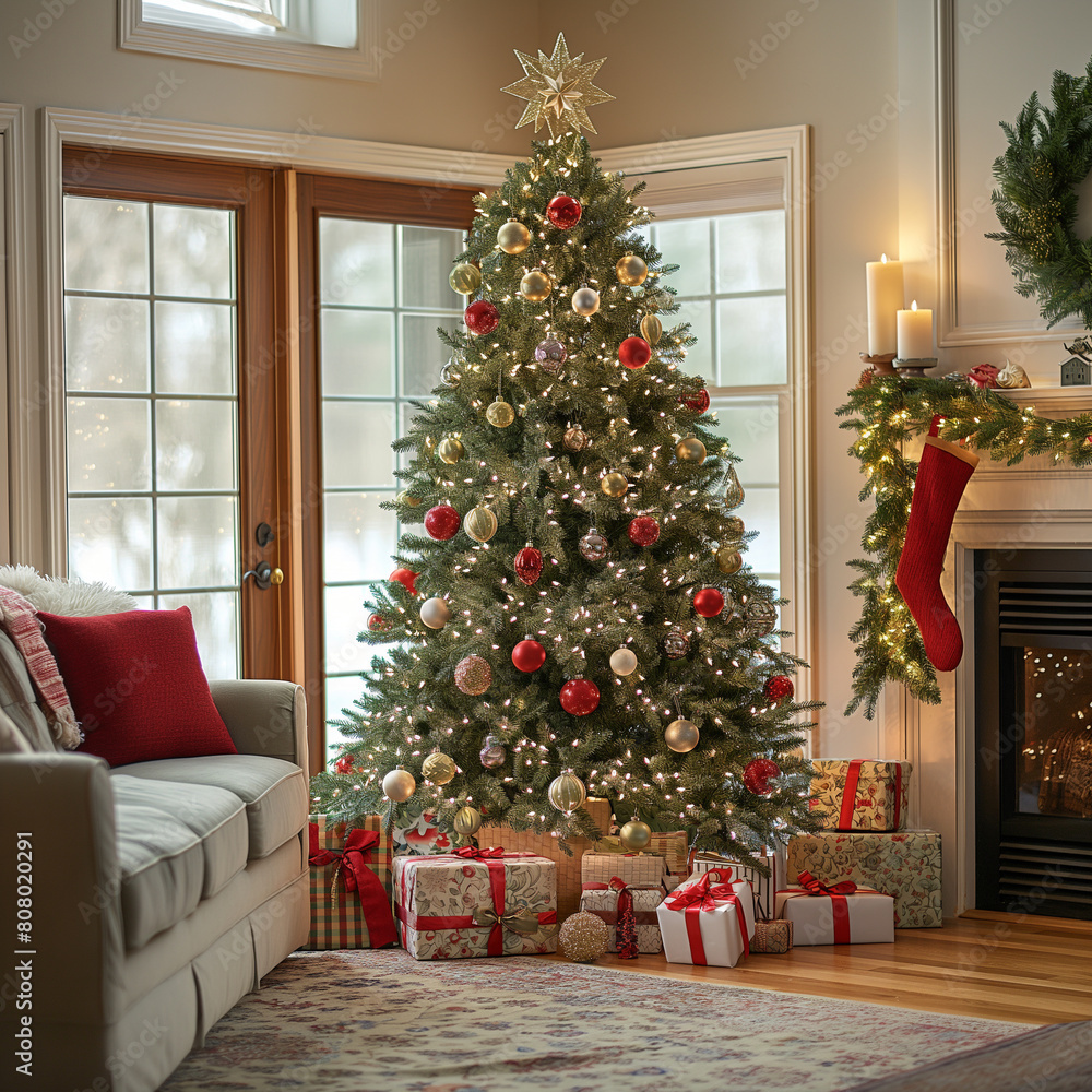 A large Christmas tree is lit up in a living room A large Christmas tree is lit up in a living room