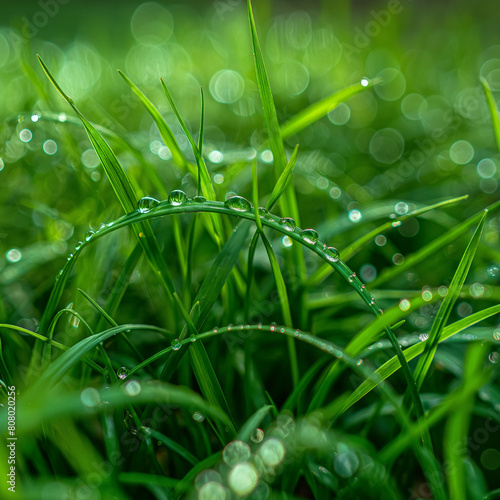 A lush green field with dew drops on the grass