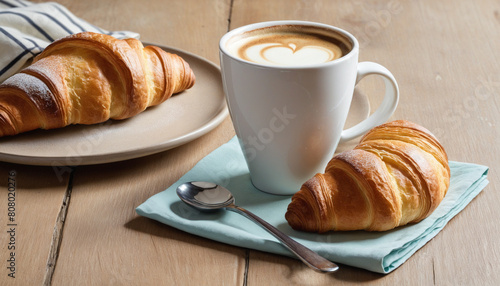 A delectable morning treat of a warm croissant paired with a beautifully crafted latte art coffee 