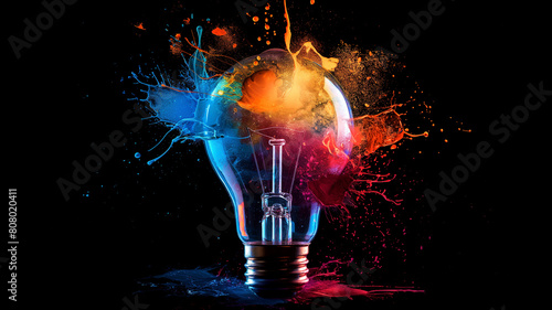 A colorful light bulb with splatters of paint surrounding it