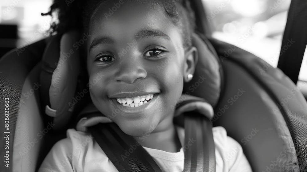 a joyful girl seated in a child car seat, smiling happily and securely fastened with a seatbelt, ensuring safe and enjoyable travels for young passengers a joyful girl seated in a child car seat, smiling happily and securely fastened with a seatbelt, ensuring safe and enjoyable travels for young passengers