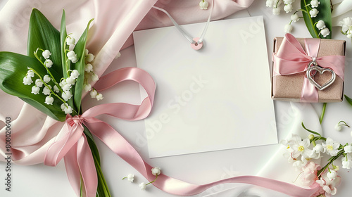 A romantic composition with a blank greeting card, a bouquet of lily of the valley flowers tied with a pink silk ribbon, and a small gift box adorned with a heart-shaped charm, 