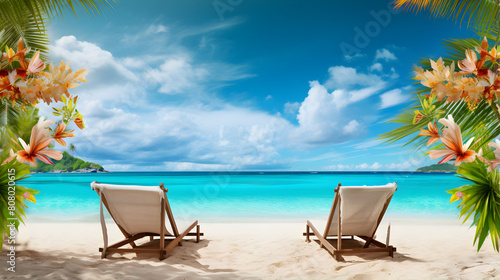 Tropical Beach Backdrop Seaside Chairs and Palmtree Photography Background Blue Sea Clouds Sky,A beach scene with a chair and a palm tree © kin