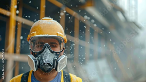 a professional construction worker wearing a high-grade dust mask amidst a construction site, surrounded by floating particles of glass wool dust, emphasizing safety precautions and hazardous working 