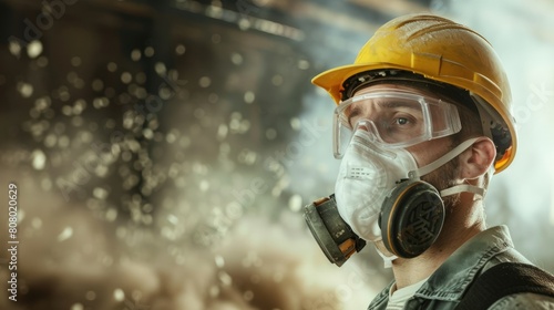 a professional construction worker wearing a high-grade dust mask amidst a construction site, surrounded by floating particles of glass wool dust, emphasizing safety precautions and hazardous working 
