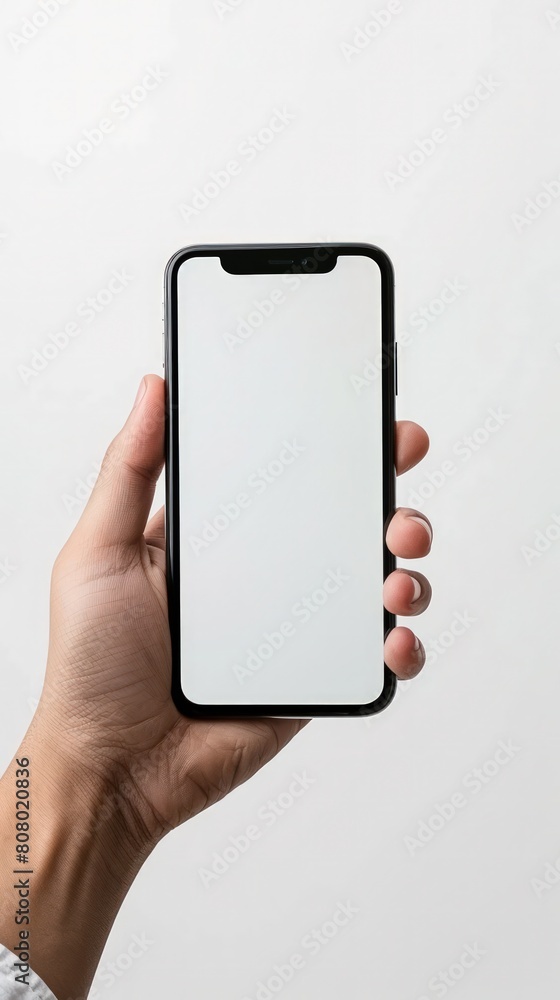 a hand holding a smartphone mockup with a blank white screen, isolated on a white background. This versatile image is perfect for website design, mobile app promotion, and advertisements a hand holding a smartphone mockup with a blank white screen, isolated on a white background. This versatile image is perfect for website design, mobile app promotion, and advertisements