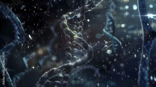 A close-up of a DNA strand with a blurry background. Concept of mystery and complexity  as the viewer is drawn in by the intricate details of the DNA structure