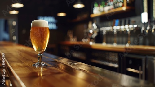a pint of beer atop a brewery bar counter, surrounded by gleaming taps and lively patrons, embodying the spirit of conviviality and craft brewing culture photo