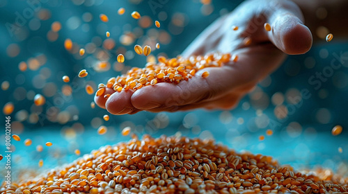 Hand holds wheat on a blue background. The photograph can be used for Gospel illustrations of the parable of the sower