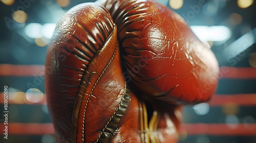 A closeup of Boxing Gloves, against Ring as a background, hyperrealistic sports accessories photography