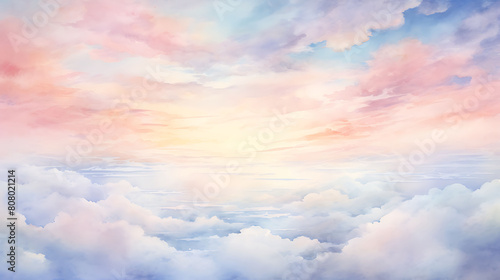 A serene watercolor background depicting the gentle collision of pastel skies at dawn photo