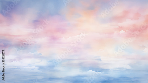 A serene watercolor background depicting the gentle collision of pastel skies at dawn photo