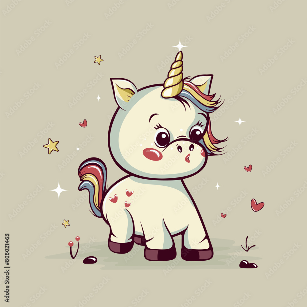 Children's design with a cute, funny baby unicorn. Vector illustration for postcards, covers, banners, invitations and more. Children's design with a cute, funny baby unicorn. Vector illustration for postcards, covers, banners, invitations and more.