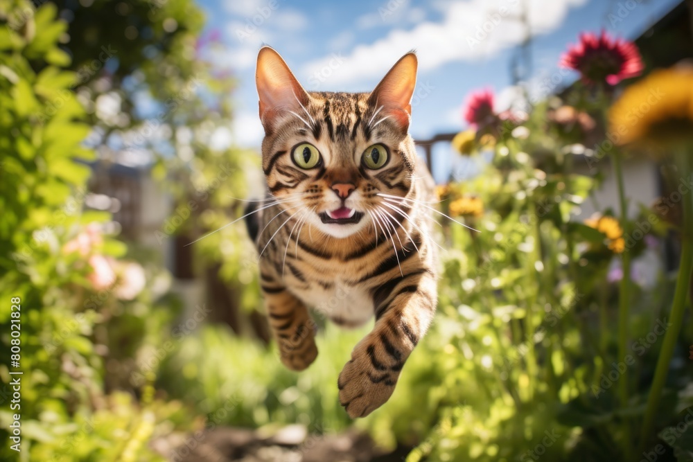 Obraz premium Environmental portrait photography of a happy bengal cat jumping in front of garden backdrop