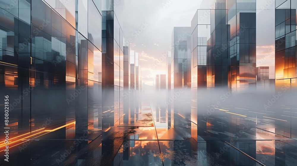 Fototapeta premium Futuristic cityscape, 3D geometric buildings in metallic tones, a vision of advanced urban technology