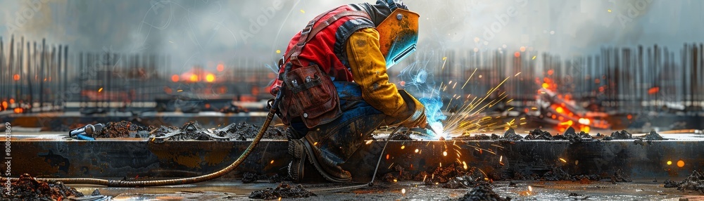 A man in a yellow and red jacket is working on a construction site