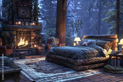 A rustic, cabin-style bedroom in the forest, illuminated by the soft glow of the evening