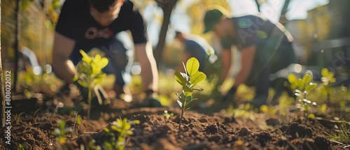Engineers planting trees in an urban park, demonstrating practical carbon sequestration efforts photo