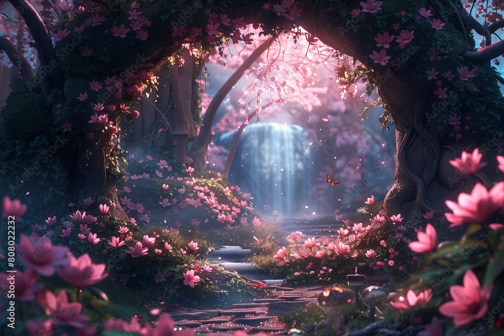 Fototapeta premium Enchanting fairy tale banner. Lush meadow & sakura blooms frame a text space. Whimsical & magical.