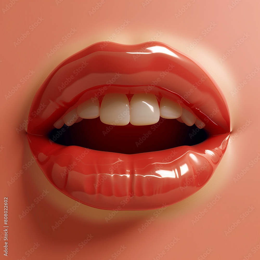 Obraz premium close up shiny mouth pink lips and teeth on plain pink skin