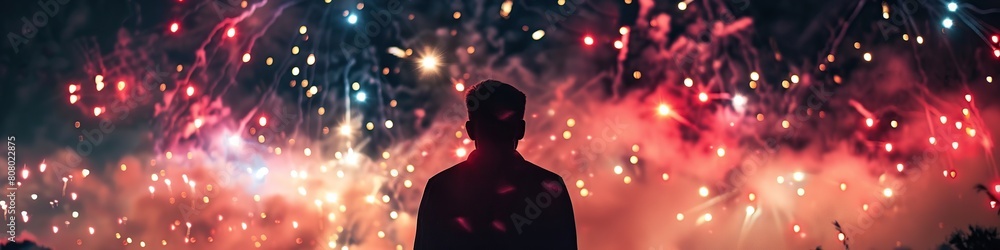 Silhouette of a Man staring in night sky watching Fourth of July Celebration.