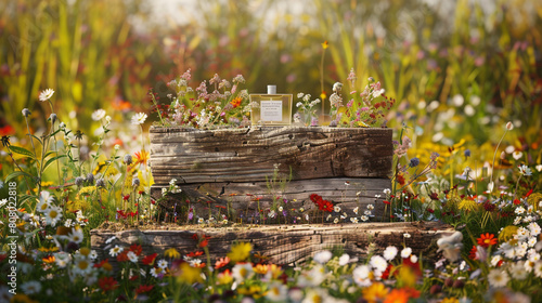 A rustic, reclaimed wood podium in a field of wildflowers, featuring a botanical skincare line, with a mix of wildflowers around, emphasizing the product's organic and wildcrafted ingredients. photo