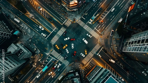 Busy City Intersection Viewed from Above,Roads Pulsing with Vehicles Symbolizing Dynamic Business