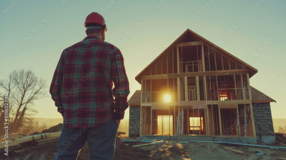 A man in a plaid shirt stands in front of a house under construction A man in a plaid shirt stands in front of a house under construction