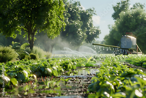 A modern smart irrigation system in action, efficiently watering crops in agricultural fields using advanced technology and sensors.