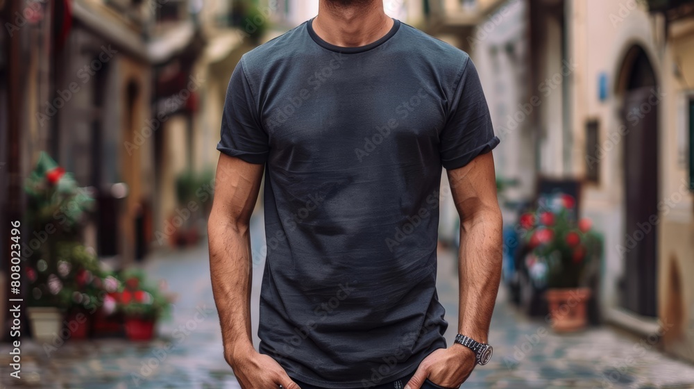 Full body shot of a handsome man wearing a plain black tshirt Full body shot of a handsome man wearing a plain black tshirt