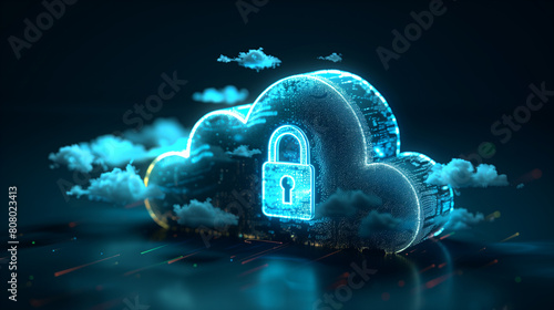 Abstract illustration of cloud security services, stylized cloud icon integrated with a secure padlock symbol, representing data protection and cybersecurity in cloud computing environments.