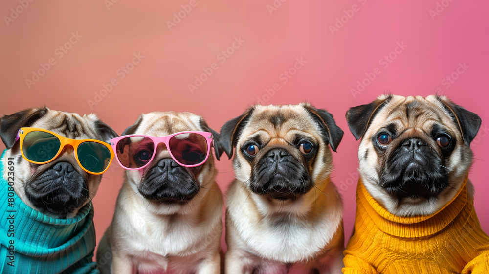 Fototapeta premium Creative animal concept. Group of pug dog puppy friends in sunglass shade glasses isolated on solid pastel background, commercial, editorial advertisement, copy text space.