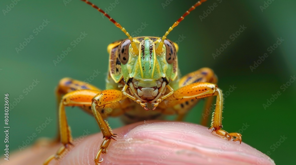 A close up of a grasshopper sitting on top of someone's finger, AI A close up of a grasshopper sitting on top of someone's finger, AI