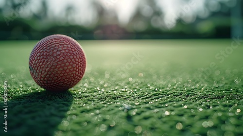 A closeup of Croquet ball  against Court as background  hyperrealistic sports accessory photography  copy space