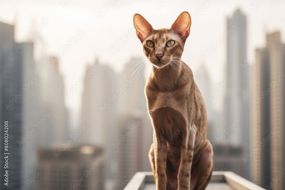 Group portrait photography of a happy oriental shorthair cat climbing isolated in urban cityscape