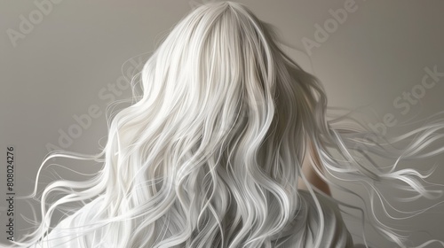 A woman with long  white hair flowing in the wind