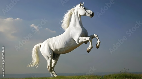 Majestic White Horse Rearing on Grass Against Blue Sky
