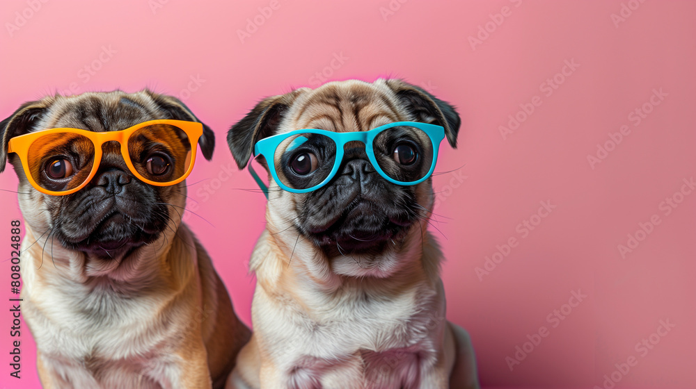 Fototapeta premium Creative animal concept. Group of pug dog puppy friends in sunglass shade glasses isolated on solid pastel background, commercial, editorial advertisement, copy text space.
