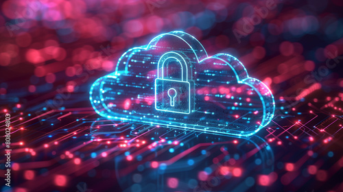Abstract illustration of cloud security services, stylized cloud icon integrated with a secure padlock symbol, representing data protection and cybersecurity in cloud computing environments.