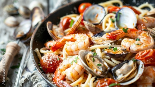 A seafood pasta dish tossed with clams, prawns, and cherry tomatoes, Italian flair