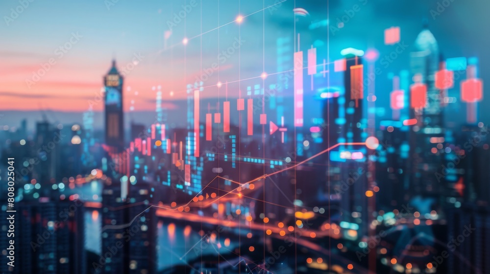 A city skyline at dusk with a superimposed financial trading graph, highlighting economic activity. A city skyline at dusk with a superimposed financial trading graph, highlighting economic activity.
