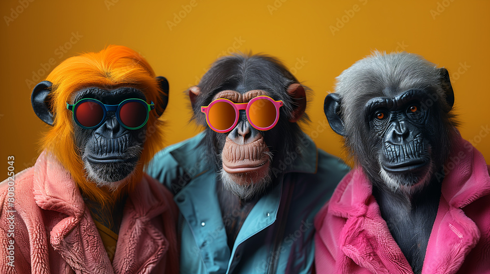 Creative animal concept. Group of ape in funky Wacky wild mismatch colourful outfits isolated on bright background advertisement, copy space. birthday party invite invitation banner. Creative animal concept. Group of ape in funky Wacky wild mismatch colourful outfits isolated on bright background advertisement, copy space. birthday party invite invitation banner.