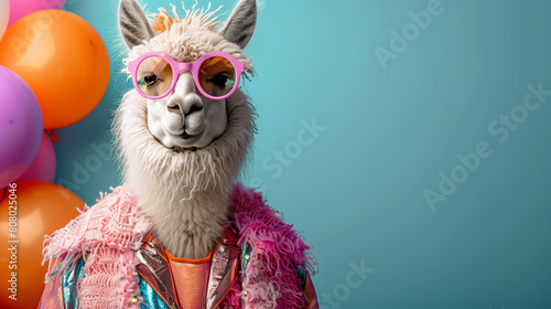 Creative animal concept. Llama in glam fashionable couture high end outfits isolated on bright background advertisement, copy space. birthday party invite invitation banner.